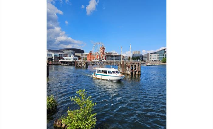 A white Aquabus ferry boat navigating the water in Cardiff Bay under a bright blue sky, with a background featuring a Ferris wheel, the red brick Pier